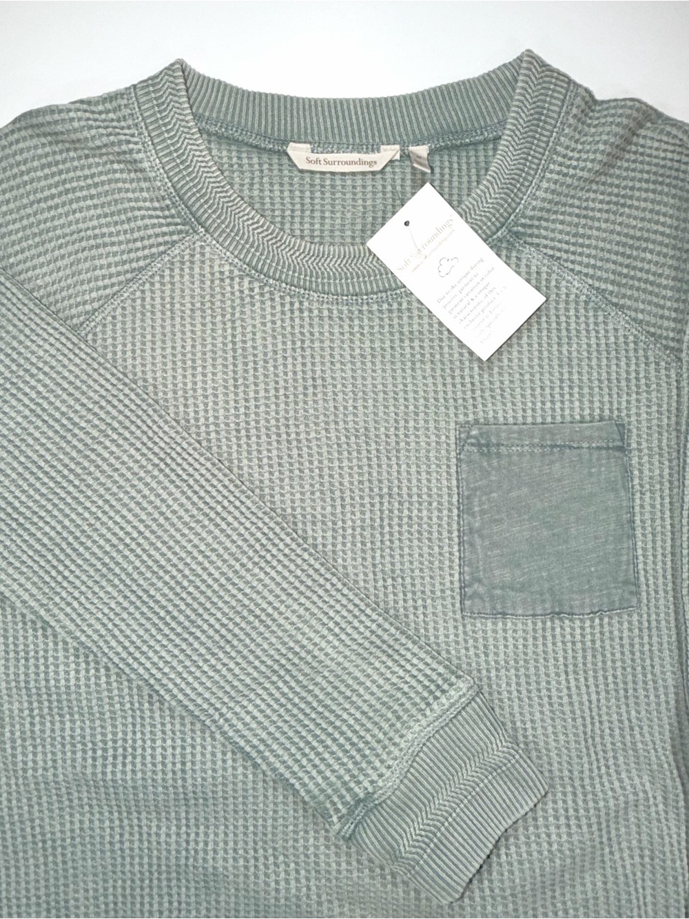 NWT Soft Surroundings Waffle Knit Top Faded Sage Green Pocket Cotton Tunic Sz M - Picture 3 of 13